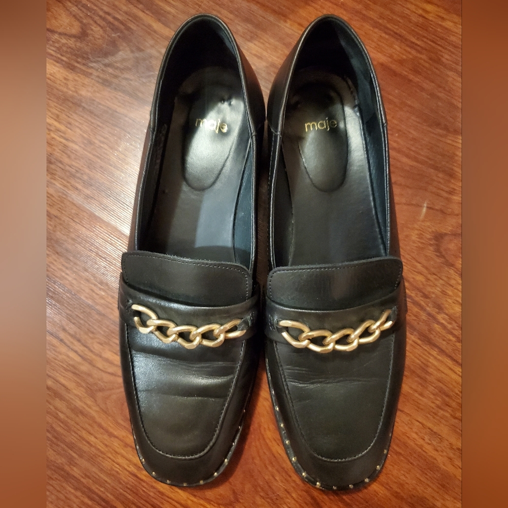 Maje Black Loafers with Gold Chain Detail